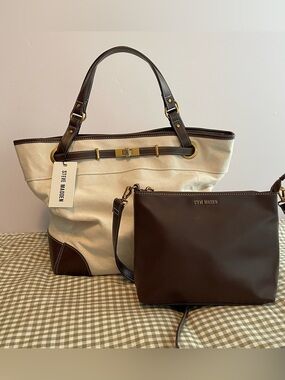 NWT Steve Madden Beige Canvas Tote with Chocolate Brown Trim and Gold Hardware